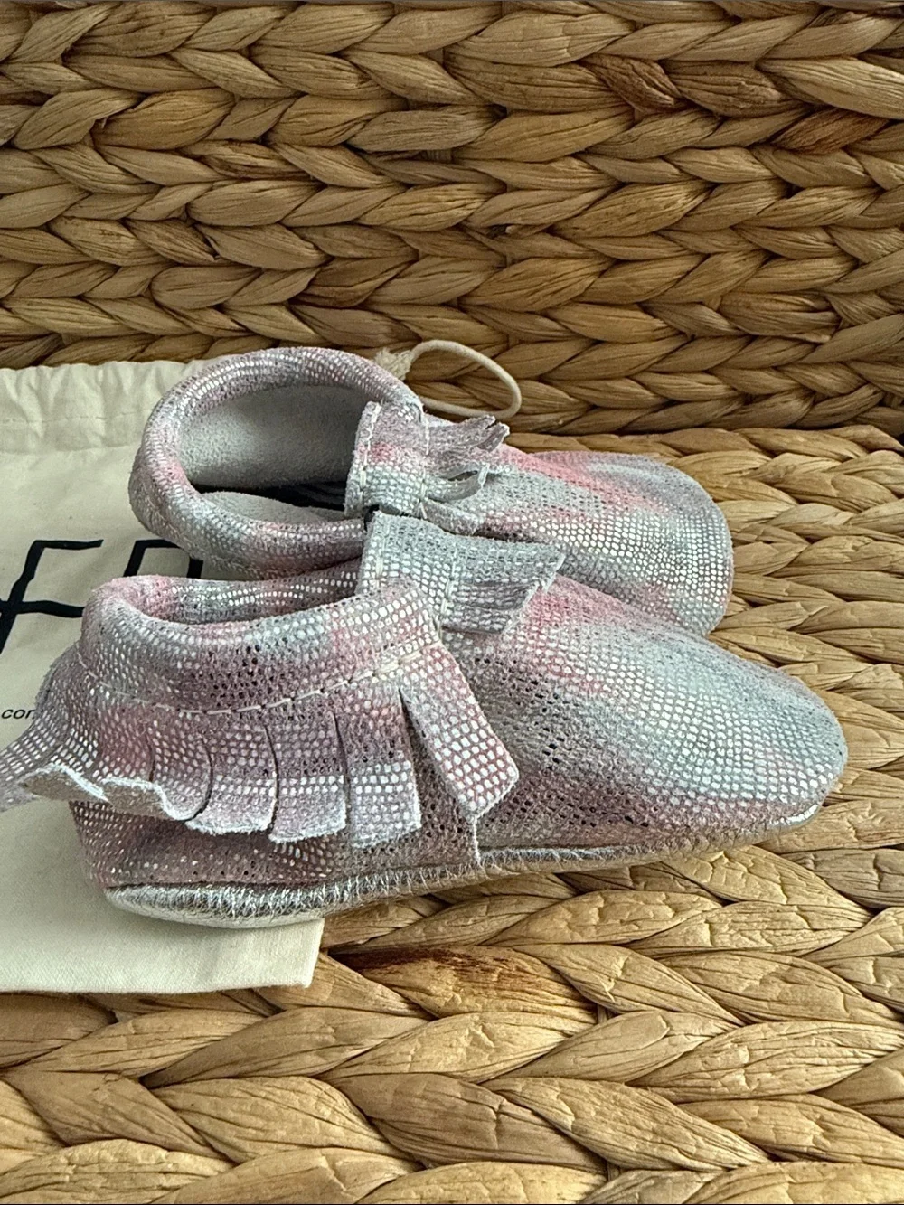 Freshly Picked Iridescent Pink & Silver Baby Moccasins